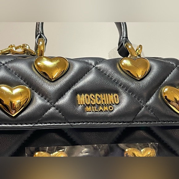 NWT MOSCHINO HEART STUDS QUILTED LEATHER SHOULDER BAG BLACK - Picture 7 of 15